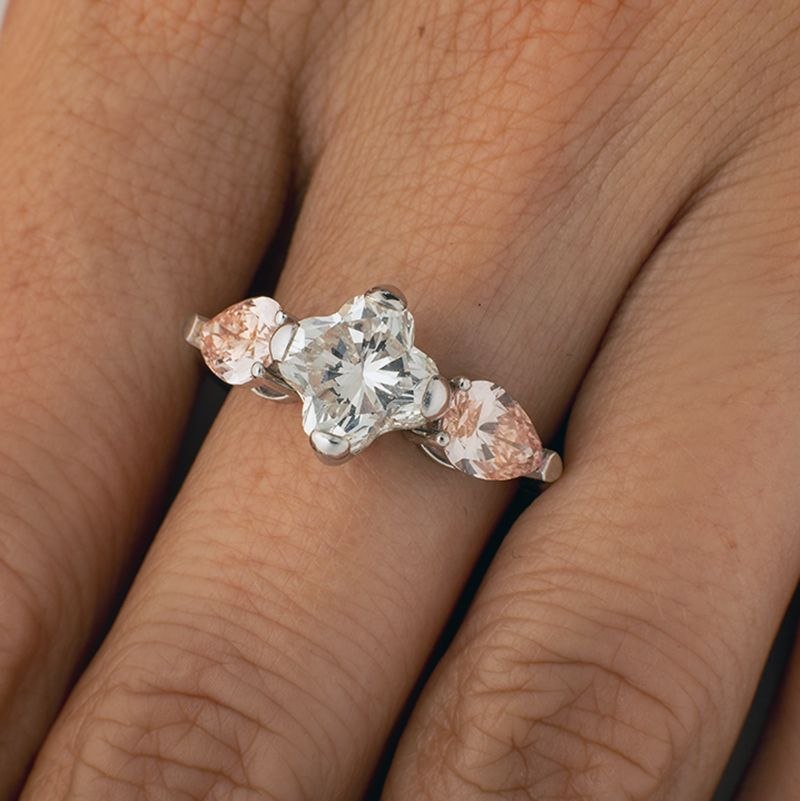 Bespoke Three-Stone Ring with Pink Pear Diamonds delivered to client in Private Patron